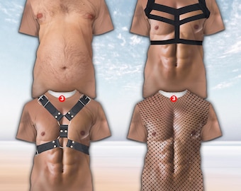 Déguisement d'homme musclé fort sur l'ensemble de la chemise imprimée, poitrine réaliste et lot de six chemises pour les abdominaux pour homme, cadeau bâillon-ventre poilu, déguisement d'Halloween drôle