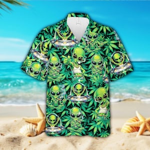 Alien Weed Hawaiian Shirt, Funny UFO Cannabis Button Up Shirt, Psychedelic Stoner Beach Aloha Shirt, Marijuana 420 Summer Outfit For Men