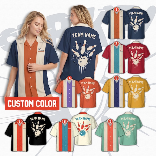 Gepersonaliseerde naam retro bowling Hawaiiaans shirt, custom bowlingteam button-down shirt voor bowlers, bijpassend bowlingshirt voor bowlingliefhebbers