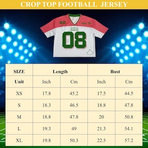 May include: White crop top football jersey with red and green accents. Features the text "AKA 08" in green. Includes a size chart with measurements in inches and centimeters for length and bust.