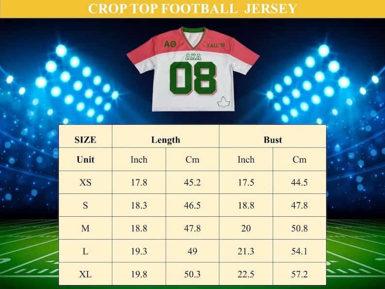 May include: White crop top football jersey with red and green accents. Features the text "AKA 08" in green. Includes a size chart with measurements in inches and centimeters for length and bust.