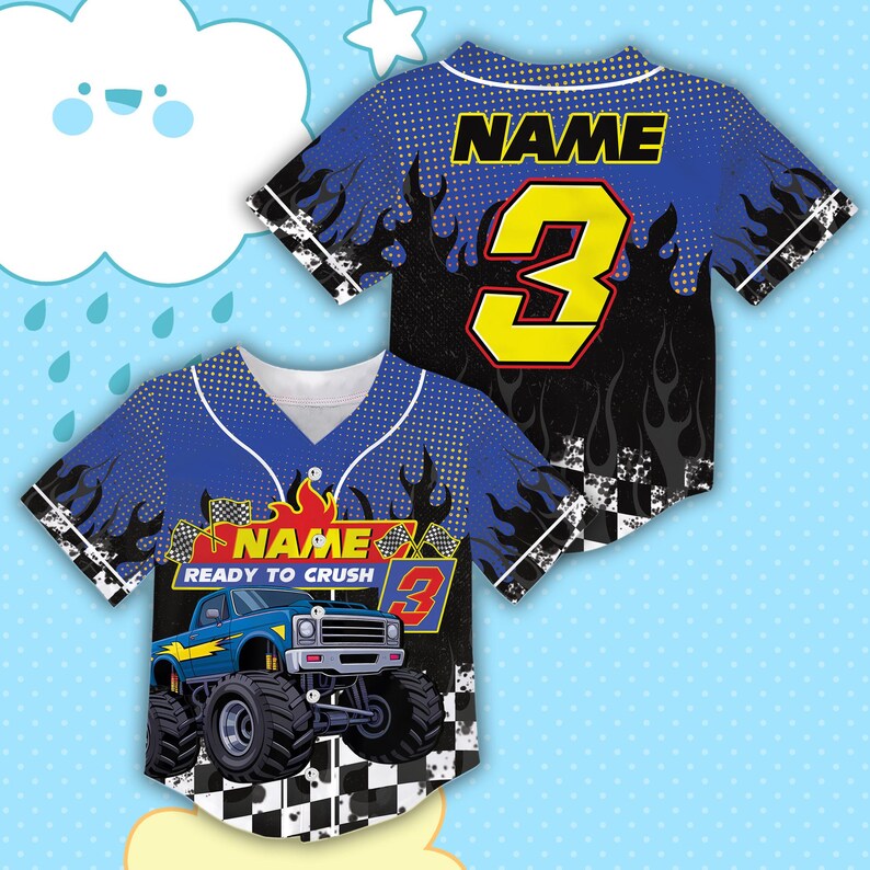 May include: Blue baseball jersey with a monster truck graphic. The jersey features the text "NAME" above the number "3" in yellow. The phrase "READY TO CRUSH" is also visible. Flames and a checkered pattern are incorporated into the design.