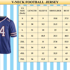 May include: A blue V-neck football jersey with the number 14 in white on the front and sleeves. The jersey has white and red stripes on the sleeves. A size chart with measurements in inches is also included.
