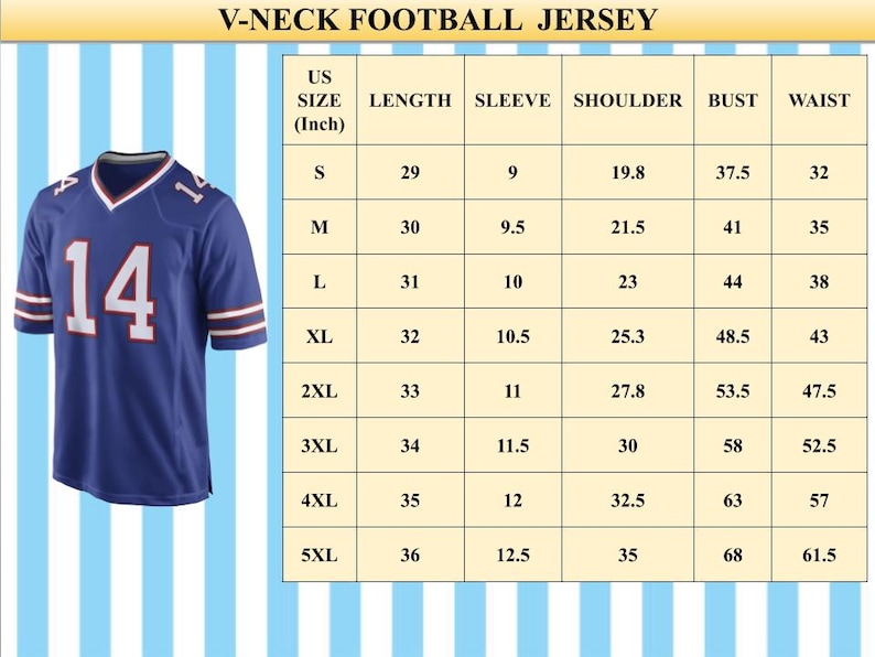 May include: A blue V-neck football jersey with the number 14 in white on the front and sleeves. The jersey has white and red stripes on the sleeves. A size chart with measurements in inches is also included.