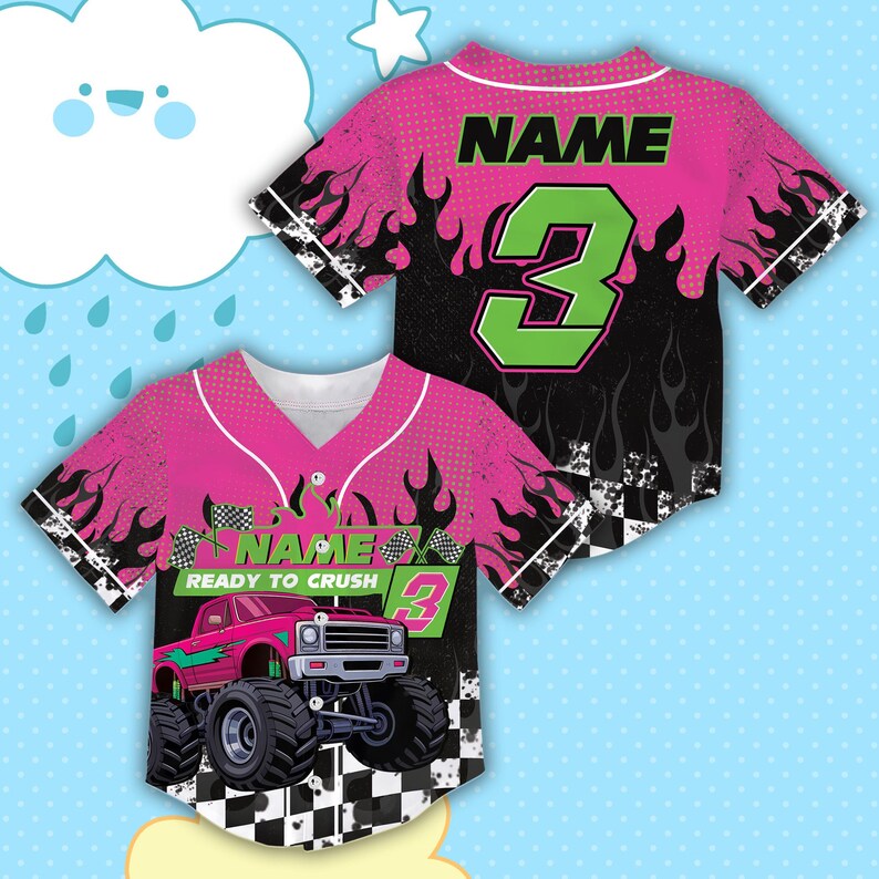 May include: Pink and black baseball jersey with a monster truck graphic. The jersey features the word "NAME" and the number "3" in green. The design includes flames and a checkered flag pattern.