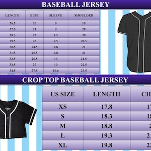 May include: Black baseball jersey and crop top baseball jersey with white trim. Size charts for both styles are included, detailing measurements in inches for length, bust, sleeve, shoulder, and chest.