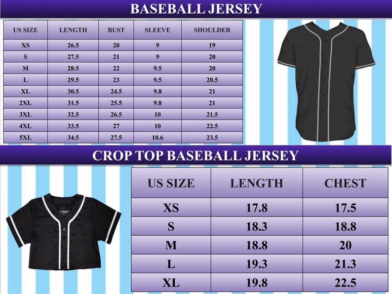 May include: Black baseball jersey and crop top baseball jersey with white trim. Size charts for both styles are included, detailing measurements in inches for length, bust, sleeve, shoulder, and chest.