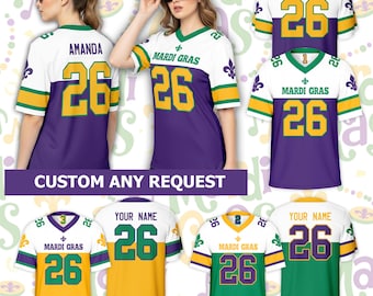 Camisa de futebol personalizada com nome para o Mardi Gras, infantil ou adulto. Camisa de futebol personalizada com flor-de-lis para a Terça-feira Gorda, ideal para fãs do festival.