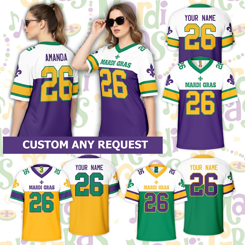 May include: Purple, white, and gold Mardi Gras jerseys with the number 26. The jerseys have the text "MARDI GRAS" and "YOUR NAME" on them. The image also shows the text "CUSTOM ANY REQUEST".