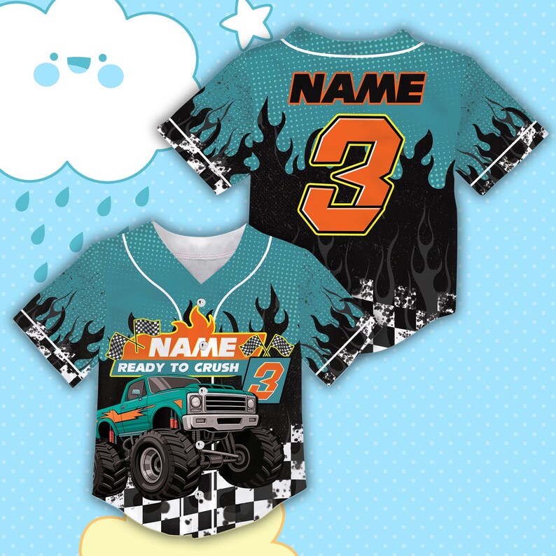 May include: Teal and black baseball jersey with a monster truck graphic. The jersey features the name and number 3 in orange, with the text "READY TO CRUSH". Flames and a checkered flag design complete the look.