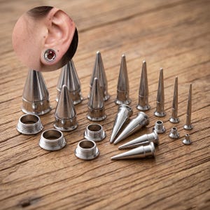 May include: A collection of silver-toned metal ear stretching tapers and tunnels in various sizes. The set includes multiple conical spikes and threaded circular eyelets, with a circular inset showing a taper inserted into an earlobe.