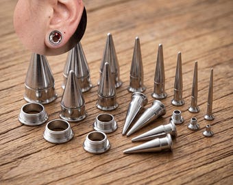 May include: A collection of silver-toned metal ear stretching tapers and tunnels in various sizes. The set includes multiple conical spikes and threaded circular eyelets, with a circular inset showing a taper inserted into an earlobe.