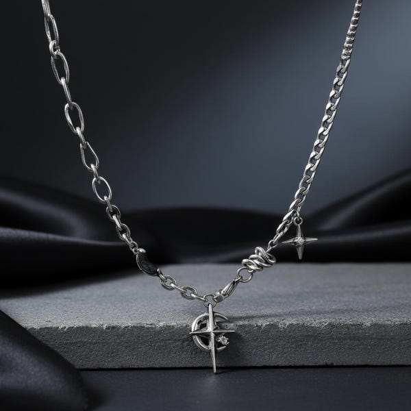 Celestial Moon Star Necklace, Silver Cyberpunk Chain, Gothic Y2K Grunge Pendant