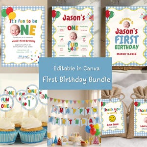 Op de afbeelding: Een verzameling feestartikelen en briefpapier voor de eerste verjaardag. Inclusief uitnodigingen, welkomstborden, cupcake toppers, banners en bedanklabels. De ontwerpen bevatten een babyfoto, ballonnen en de tekst "It's fun to be ONE" en "Happy Birthday".