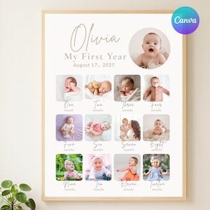 以下が含まれることがあります： 「Olivia」という名前と「My First Year, August 17, 2027」というテキストが入った、赤ちゃんのマイルストーンポスター。赤ちゃんの写真と、赤ちゃんの最初の1年間をそれぞれ表す12枚の小さな写真が特徴です。
