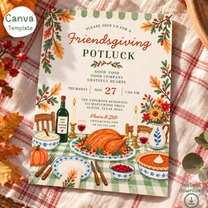 Friendsgiving Potluck Invitation Template, Watercolor Thanksgiving Party Invite, Vintage Fall Dinner, Editable Canva