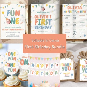 First Birthday Party Bundle, It’s Fun to Be One, 6-Piece Neutral Canva Templates
