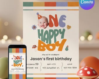 Groovy One Happy Boy First Birthday Invitation, Retro Photo Canva Template
