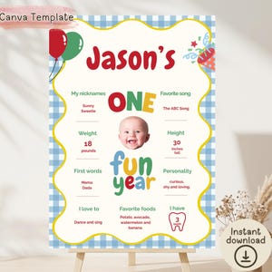 May include: A first birthday milestone poster featuring a blue gingham border, red and green balloons, and confetti. The text reads Jason's ONE fun year, with sections for nicknames, favorite song, weight of 18 pounds, height of 30 inches, and teeth.