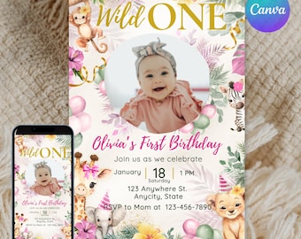 Wild One Safari Birthday Invitation Girl, Pink Jungle Animal First Birthday Invite, Editable Canva Template