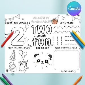 Two Much Fun Birthday Placemat, 2nd Birthday Activity, Toddler Coloring Page, Kids Party Printable