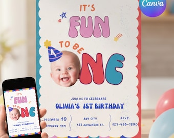 Colorful Vintage First Birthday Invitation Template, Mobile, Photo and No-Photo, Canva Editable, Digital Download