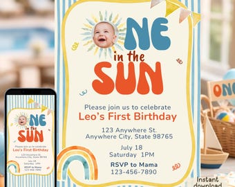 Editable One in the Sun First Birthday Invitation, Retro Boy Summer Photo Template