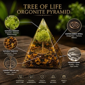 Livets träd orgonitpyramid, kristallpyramid, peridot tigeröga, reiki-gåva, meditationsdekor, andlig heminredning, handgjord