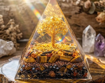 Orgonite Pyramid with Tiger Eye Citrine Tree of Life, Abundance Energy Decor