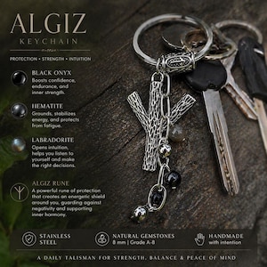 May include: A silver Algiz rune keychain with a key ring, keys, and a chain of natural gemstones. The keychain includes black onyx, hematite, and labradorite. The text on the image reads "ALGIZ KEYCHAIN" and "A DAILY TALISMAN FOR STRENGTH, BALANCE & PEACE OF MIND."