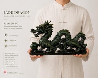 Estatua de dragón de jade nefrita natural / Figura de dragón Feng Shui / Escultura de jade tallada a mano / Decoración de prosperidad y protección / Decoración de oficina