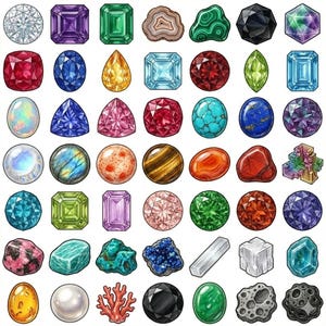 May include: A collection of various gemstones in different shapes and colors. The gemstones include diamonds, emeralds, rubies, sapphires, opals, and more. Each stone is intricately detailed, showcasing its unique facets and textures.