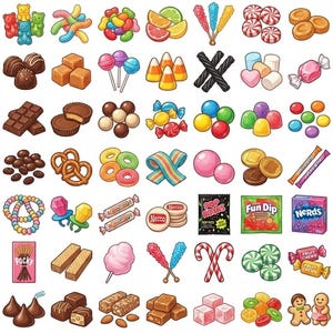 Könnte beinhalten: Eine bunte Auswahl an Süßigkeiten und Leckereien, darunter Gummibärchen, Lutscher, Schokoriegel und Bonbons. Das Bild zeigt eine Vielzahl von Leckereien, ideal für einen Süßwarenladen oder ein Dessert-Themenprojekt.