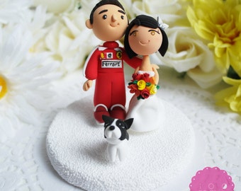 Custom Cake Topper- Racing couple w/ a dog