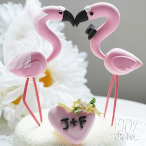 Custom wedding cake topper - Elegant flamingo couple