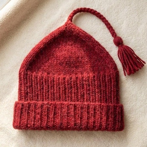 May include: A knitted red hat with a tassel. The hat is a deep red color and has a ribbed brim. The top of the hat has a long, braided cord that ends in a tassel.