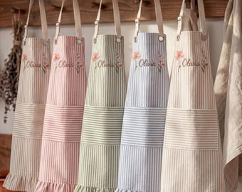 Personalized Embroidered Apron for Women, Custom Name Apron, Striped Ruffle Kitchen Apron, Florist Birth Month Gift, Mother's Day Gift