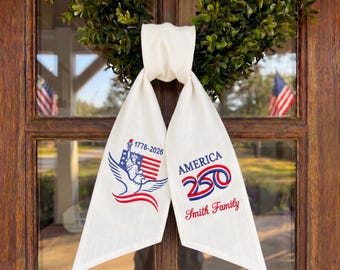 Banda bordada personalizada del 250 aniversario de Estados Unidos, lazo para puerta personalizado con el nombre de la familia (1776-2026), decoración de corona patriótica, celebración de la libertad de EE. UU.