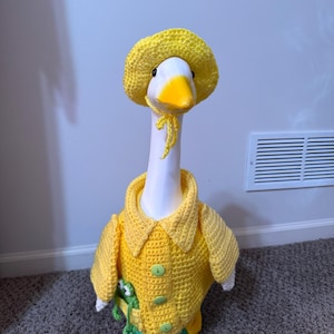 May include: A decorative goose figurine wearing a yellow crochet hat and jacket with green buttons. A small green frog is in the jacket pocket. The goose has a yellow beak and is standing on a green base.