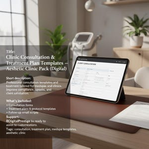 Può includere: Un tablet digitale che mostra un modulo di consultazione del cliente, appoggiato su un tappetino da scrivania in pelle marrone. L'immagine è uno scatto promozionale per modelli di cliniche estetiche.