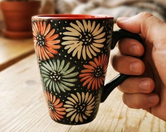 Boho Floral Mug – Handmade Bat Trang Ceramic Cup – Vietnam Pottery – Tea Lover Gift – Artisan Coffee Mug 14oz