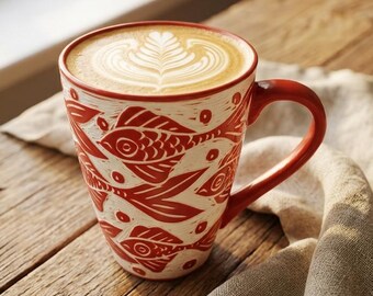 Hand Carved Fish Mug – Bat Trang Ceramic Cup – Vietnam Pottery – Rustic Coffee Mug – Gift for Him – Tea Cup 14oz