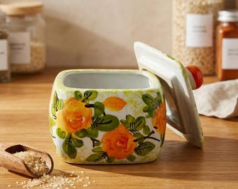Hand Painted Floral Ceramic Jar with Lid – Bat Trang Storage Canister – Artisan Spice Container – Kitchen Sugar Pottery Box Decor