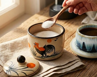 Coffee Sugar Container with Lid – Ceramic Sugar Bowl for Coffee Bar, Rustic Kitchen Storage Jar, Handmade Bat Trang Pottery Gift