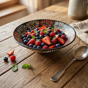 May include: A bowl of fresh blueberries, raspberries, and sliced strawberries, garnished with mint leaves. The bowl has a black rim with a floral design and sits on a wooden table. A silver spoon and a ceramic jug are also present.