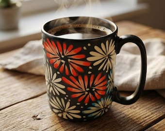 Hand Painted Floral Mug – Bat Trang Ceramic Coffee Cup – Vietnam Pottery – Coffee Lover Gift – Artisan Mug 12oz