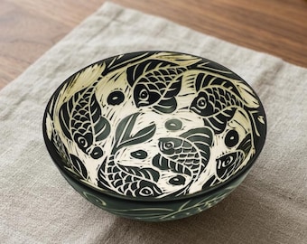 Black Carved Ceramic Bowl – Bat Trang Pottery – Handmade Fish Pattern Bowl – Artisan Snack Serving Bowl – Unique Kitchen Decor