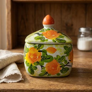 Tarro de cerámica floral pintado a mano con tapa – Bote de almacenamiento Bat Trang – Recipiente artesanal para especias – Caja de cerámica para azúcar y decoración de cocina