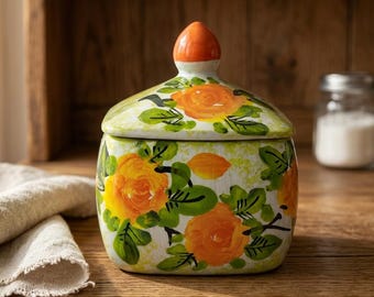 Hand Painted Floral Ceramic Jar with Lid – Bat Trang Storage Canister – Artisan Spice Container – Kitchen Sugar Pottery Box Decor