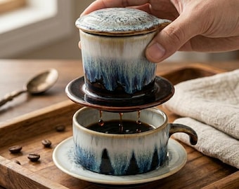 Handmade Ceramic Vietnamese Coffee Filter Set, Unique Flambe Glaze Phin, Artisan Drip Coffee Maker, Pottery Coffee Gift, Bat Trang